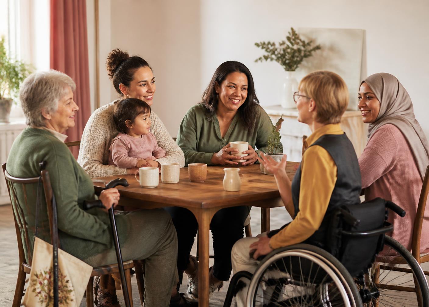 Women of different ages, faiths and abilities planning together at a With Women Academy coffee morning