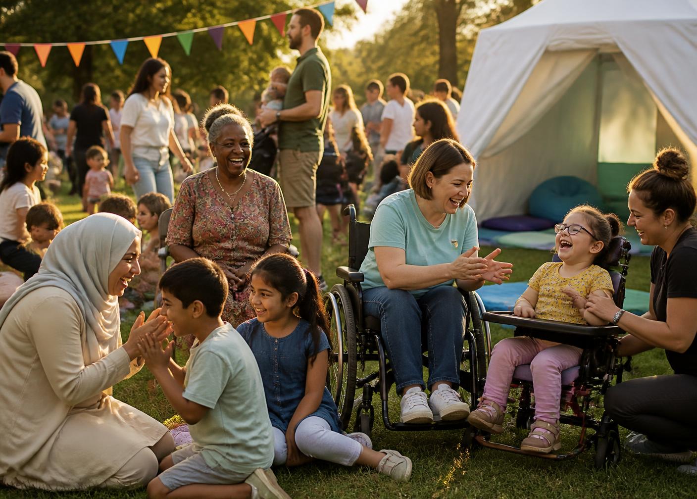 Diverse families taking part in games at Family Day, with a sensory-friendly quiet tent nearby