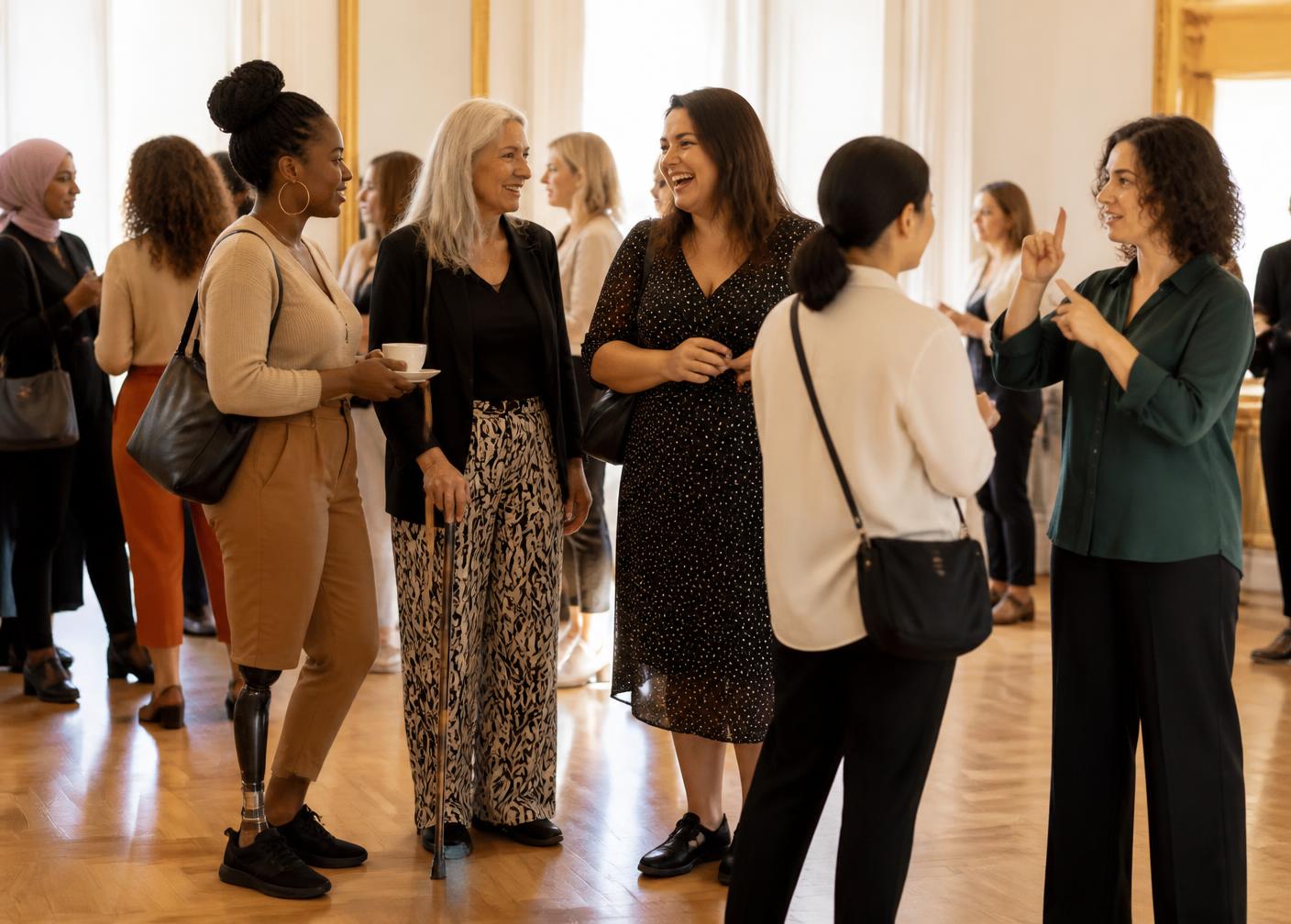 Women networking at a With Women Academy event, including a woman with a prosthetic leg and a woman signing in British Sign Language
