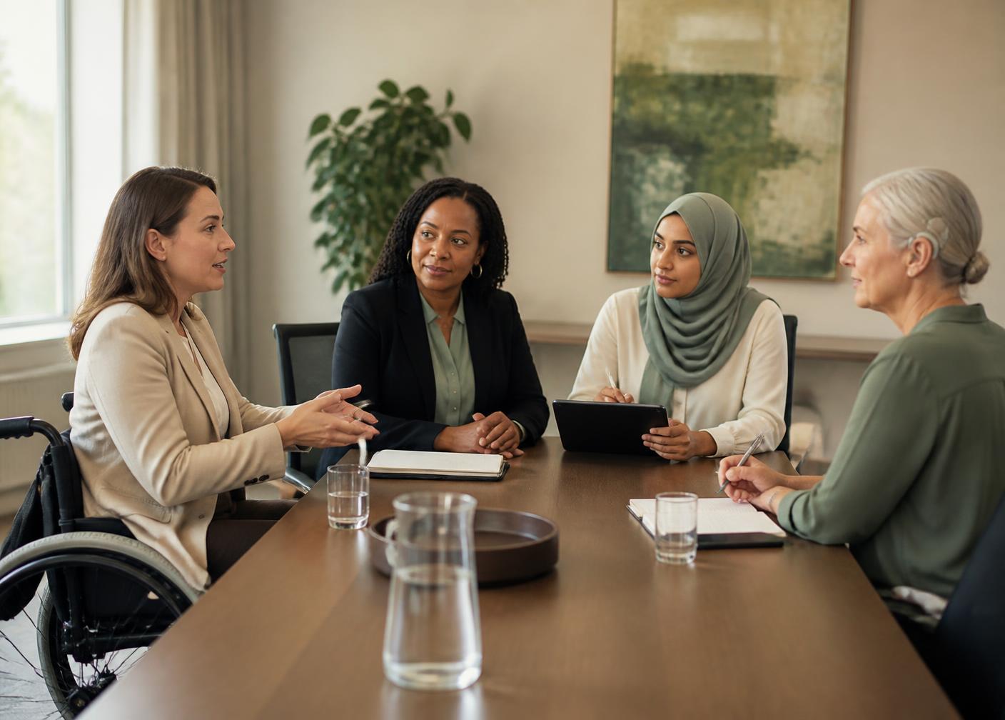 A wheelchair-using woman presenting to partners in a boardroom alongside Black, South Asian and older colleagues