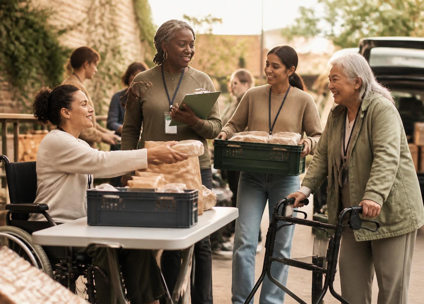 Volunteers of different ages and ethnicities running a community food project together, including a wheelchair user handing out supplies