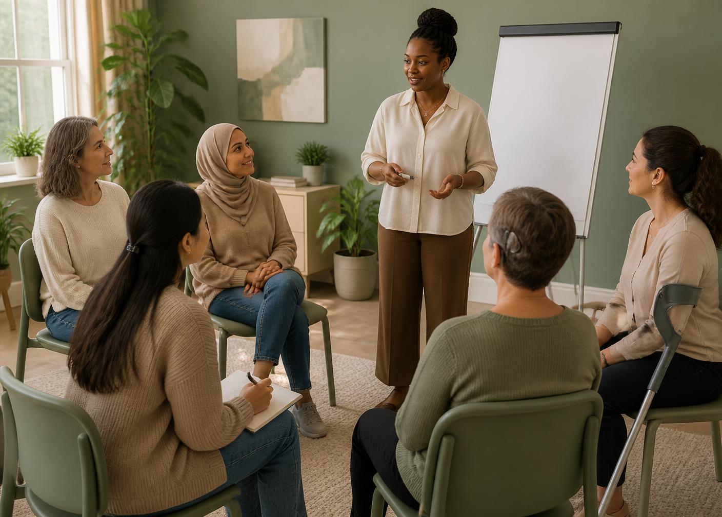 A Black facilitator leading a With Women Academy confidence workshop for a diverse group of women, including women using mobility aids and hearing devices